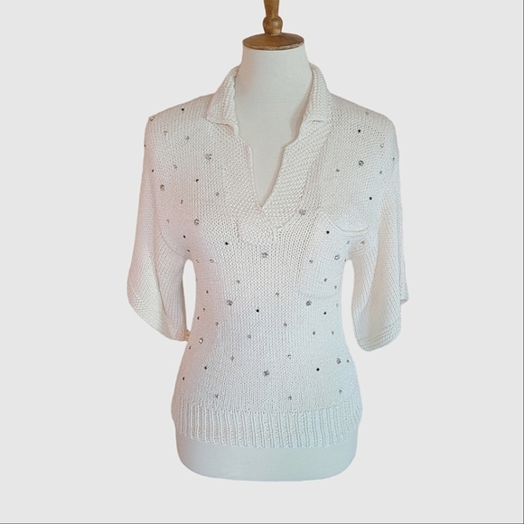 80's Nannel Cream and Rhinestone Open Weave Short Sleeve Sweater - Picture 2 of 7